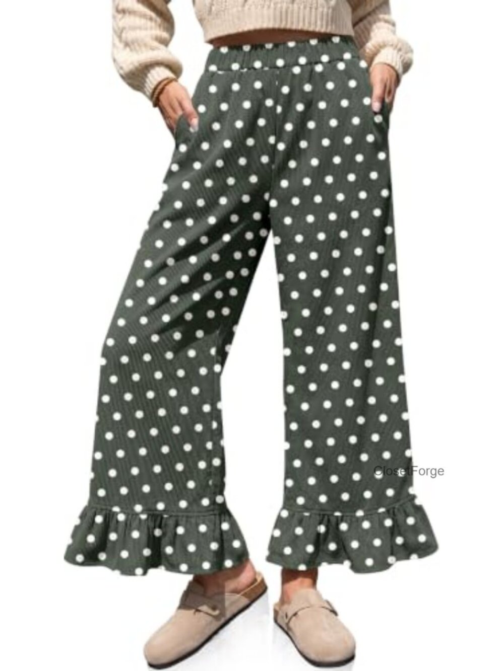 High Waist Corduroy Wide Leg Flared Pants Ruffle Hem Pull On
